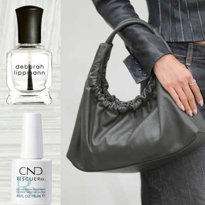 A woman wearing black jeans and a matching jean jacket holding a black hobo bag with her nails displayed against it. She is next to two nails treatments.