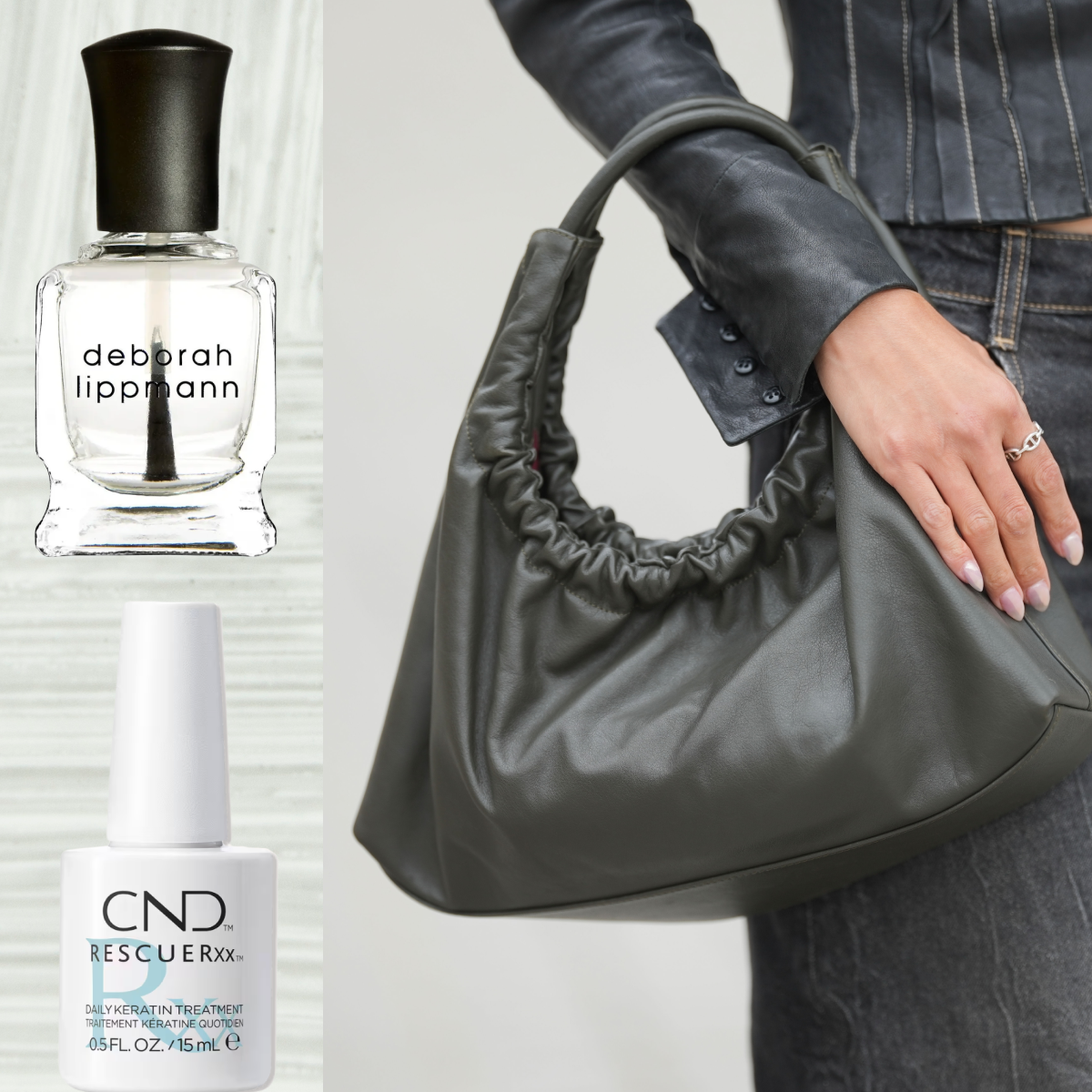 A woman wearing black jeans and a matching jean jacket holding a black hobo bag with her nails displayed against it. She is next to two nails treatments. 