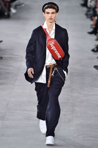 A model walks the runway during the Louis Vuitton Menswear Fall/Winter 2017-2018 show as part of Paris Fashion Week