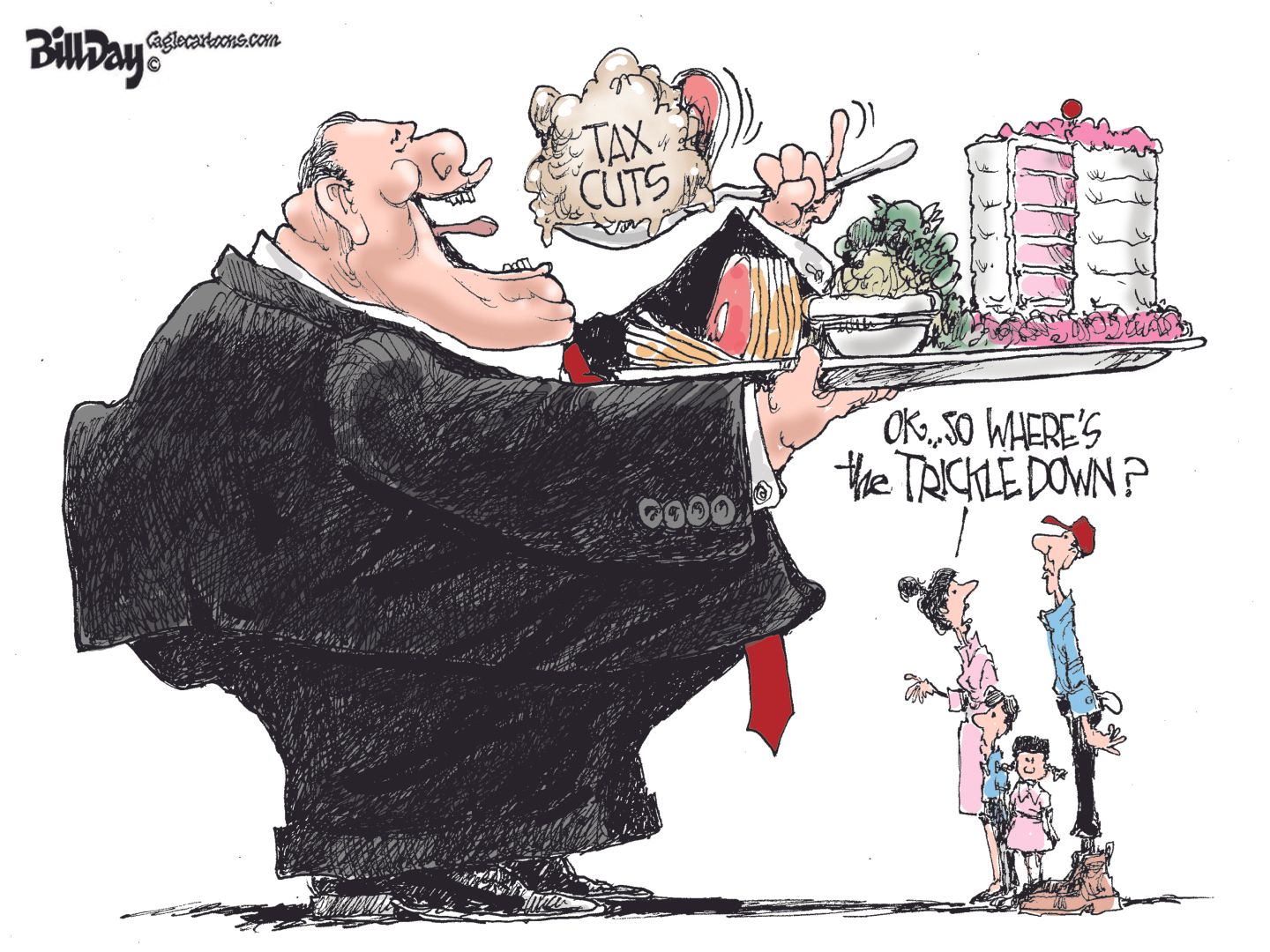 
                                This political cartoon depicts a large, fat man in a suit gorging himself on tax cuts, cake, and other delicacies from a large tray. A small American family of mother, father, and daughter is under the tray and the mother says, &quot;OK, so where&#039;s the trickle down?&quot;
                            