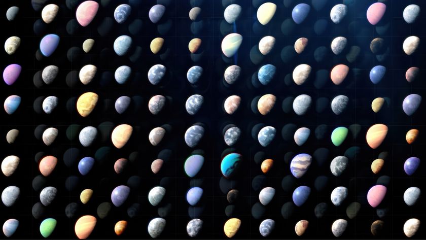 An artist&#039;s illustration of the various exoplanets found, with rows of colorful planets of all colors and sizes over a dark background