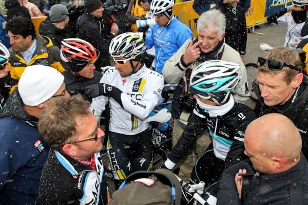 Riders get in on the discussion about whether or not to race today