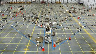 Investigators reconstructed the debris from the Columbia disaster inside the RLV Hangar at NASA's Kennedy Space Center in Florida.