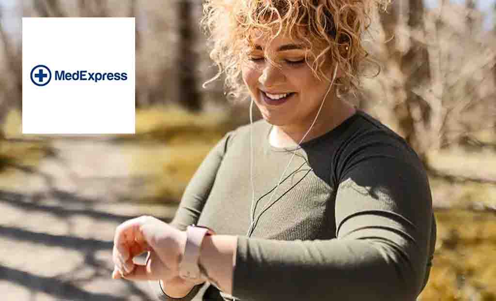 Medexpress logo placed over image in the top left with woman looking at her watch 