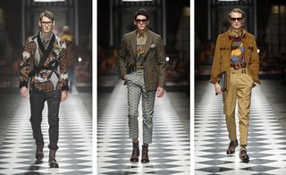 three images of male models wearing Victorian 3 piece suits in varying colours and patterns