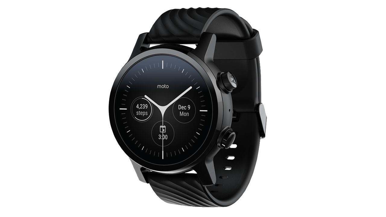 The Moto 360 in Phantom Black with a black silicone strap