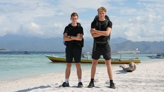 Alfie and Owen standing on a beach in Race Across the World season 4