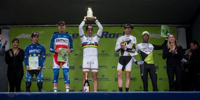 Elite men's podium: Moritz Milatz, Julien Absalon, Nino Schurter, Florian Vogel, Rudi van Houts