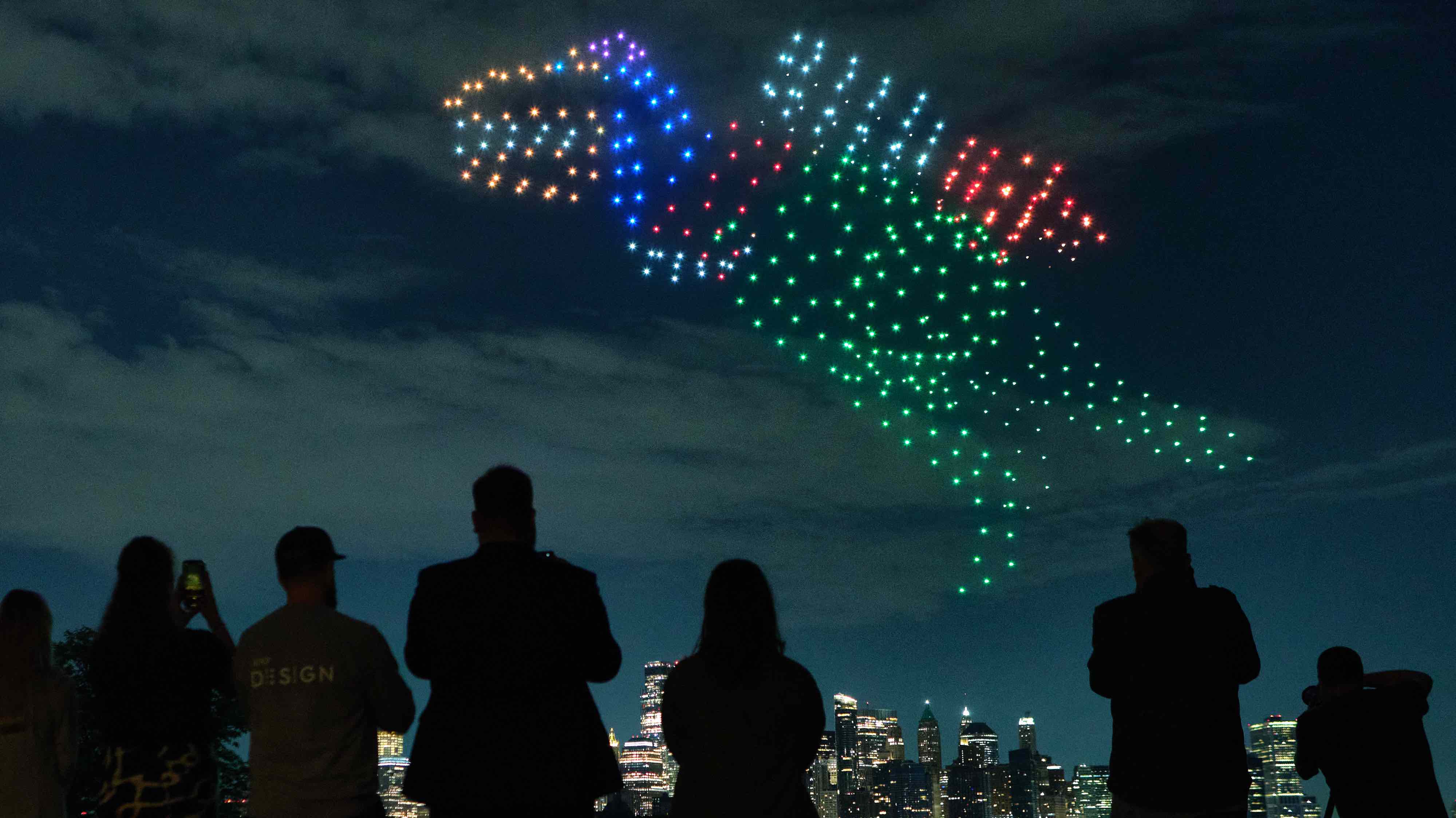 Lego drone show in NYC celebrating space.