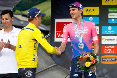 Jakob Fuglsang congratulates runner up Tejay van Garderen on the Dauphine podium