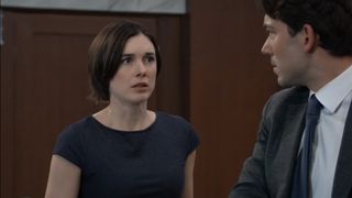 Katelyn MacMullen and Rory Gibson as Willow and Michael in court in General Hospital