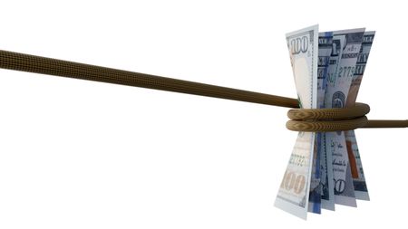 A rope wrapped around hundred-dollar bills appears to squeeze them.