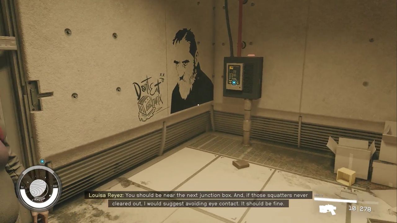 The location of the second junction box in the Tapping the Grid quest in Starfield, next to some graffiti.