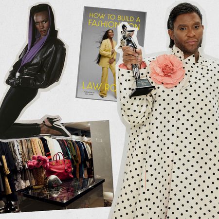 a collage showing the stylist, Law roach's world including a photo of him at the CDFA awards, a photo of his closet, a photo of his new book, and a photo of his style icon