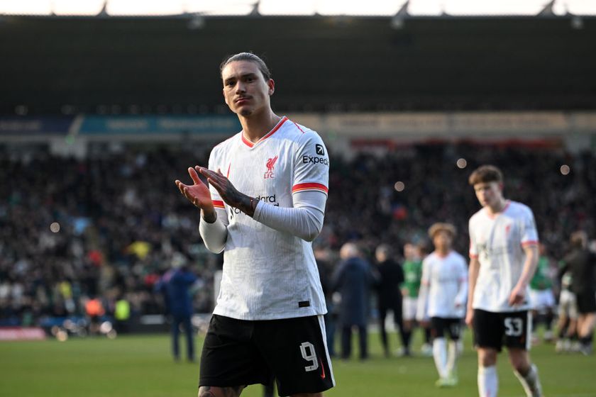 Darwin Nunez of Liverpool acknowledges the fans after the Emirates FA Cup Fourth Round match between Plymouth Argyle and Liverpool at Home Park on February 09, 2025 in Plymouth, England.