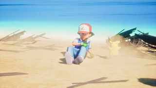 Ash Ketchum wakes up on a beach in Palworld's Pokemon mod