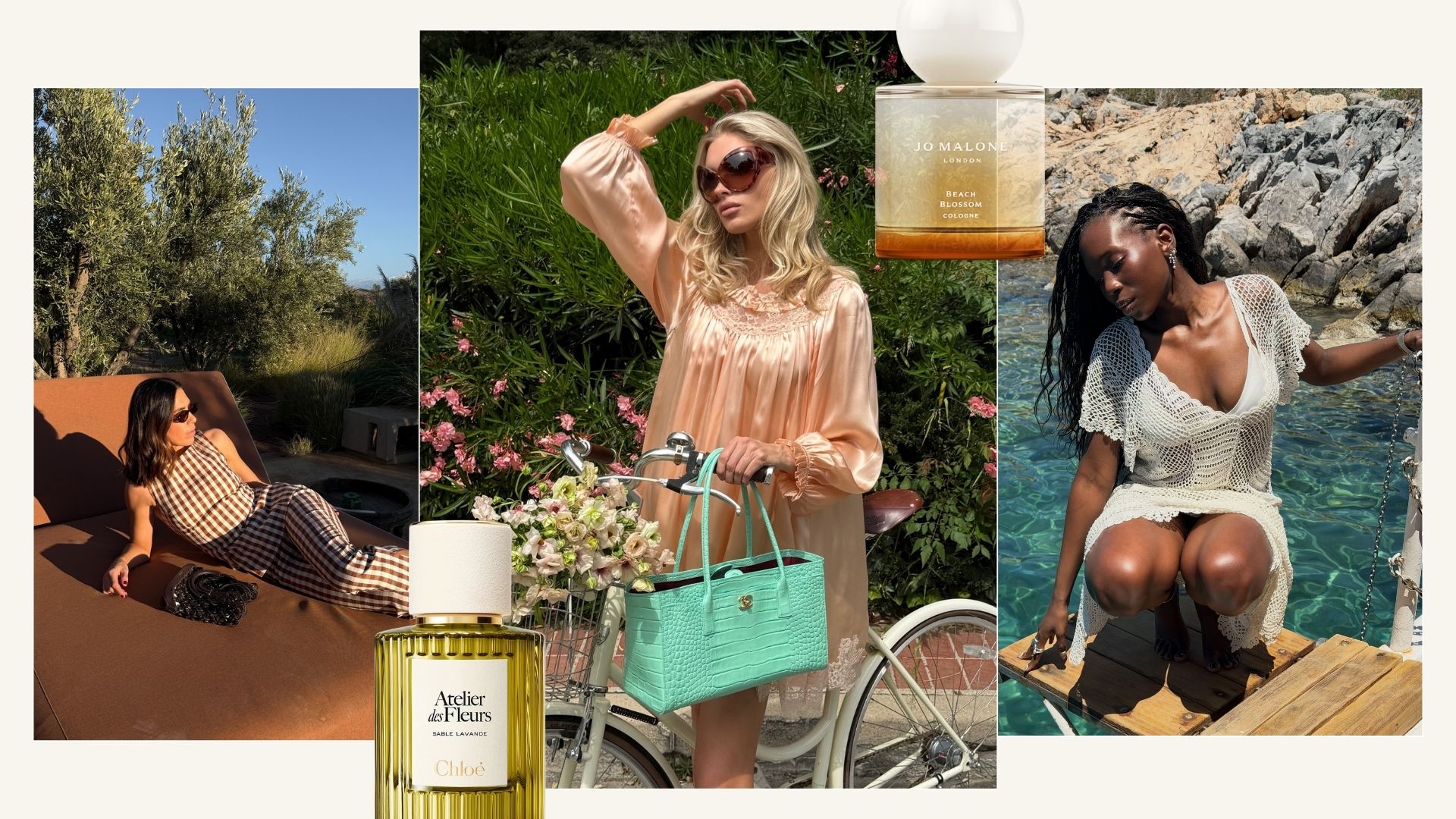A collage of best summer perfumes 2026 over summer influencer imagery