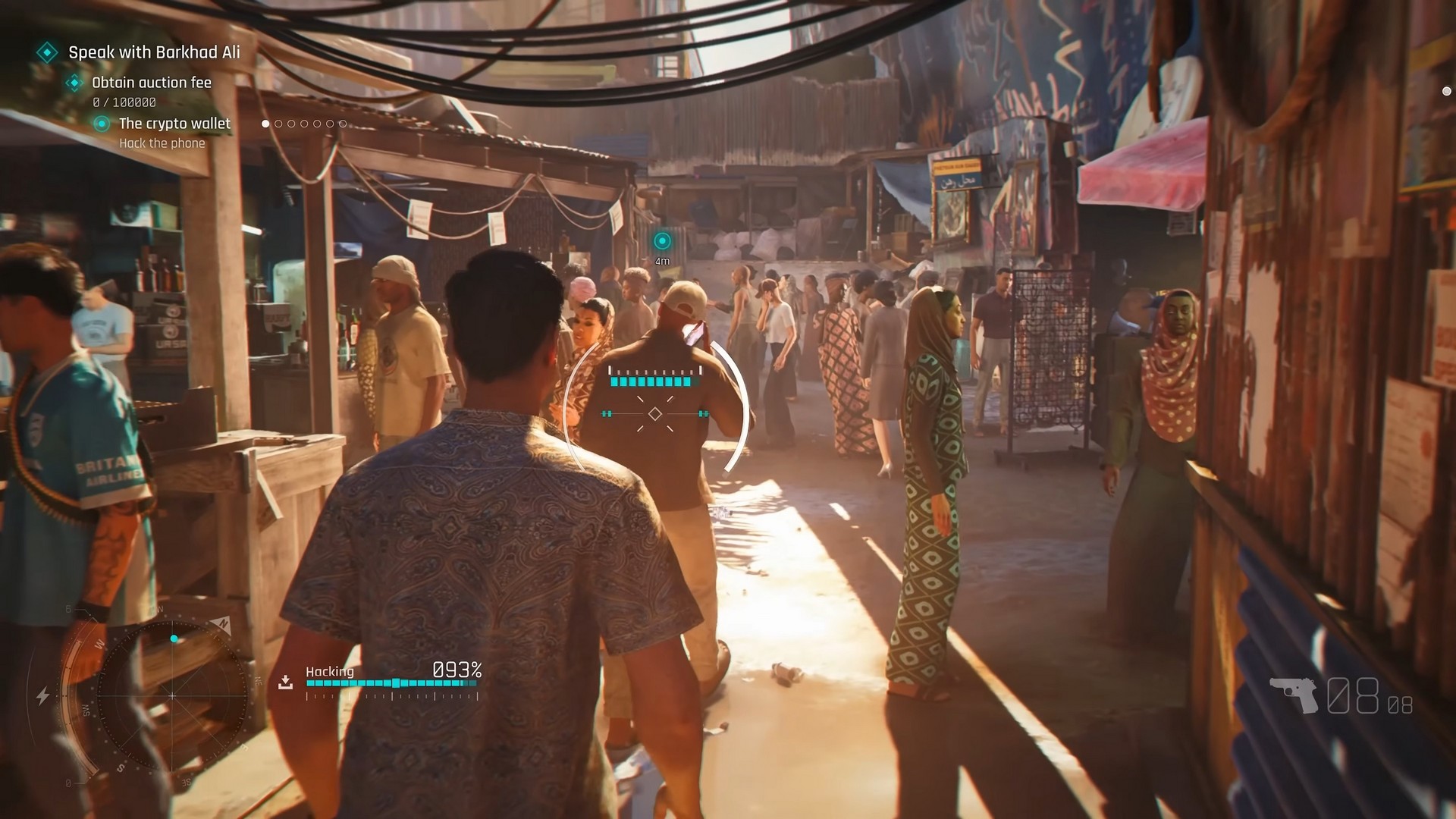 James Bond in 007 First Light tails an enemy in a busy market, a hacking bar filling up as he maintains proximity