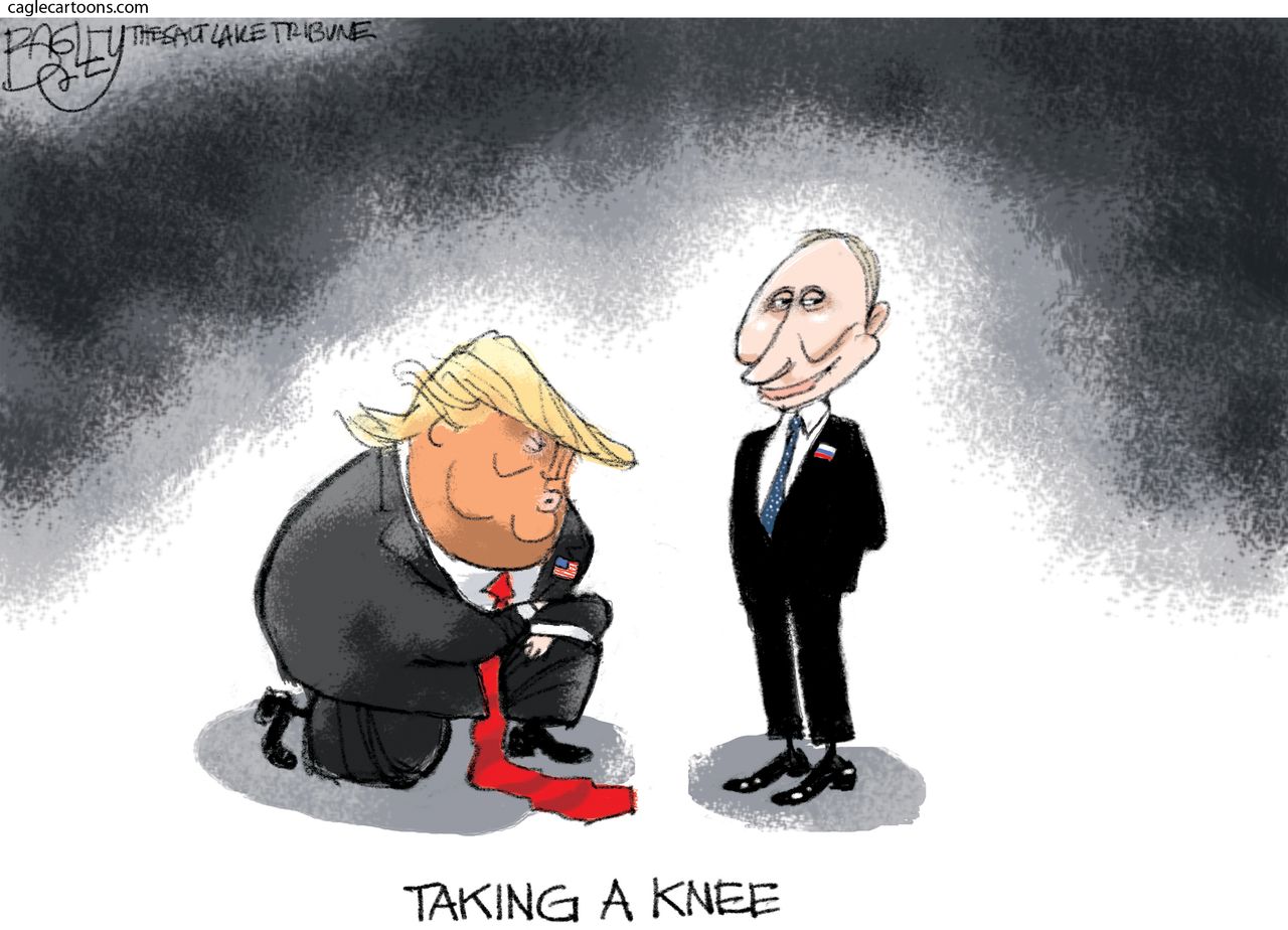 Political cartoon U.S. Trump Putin Helsinki summit treason FBI taking a knee