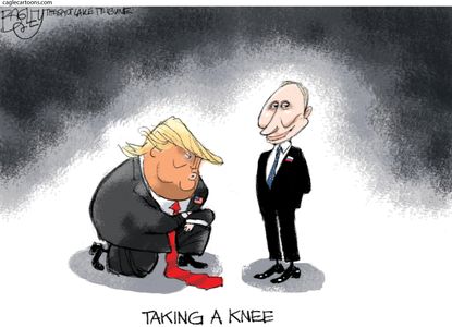 Political cartoon U.S. Trump Putin Helsinki summit treason FBI taking a knee