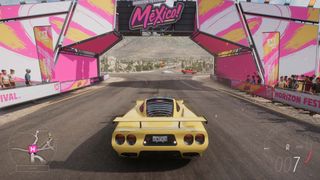 A screenshot from Forza Horizon 5 showing a Mosler MT900S beneath a sign that says "Mexico"