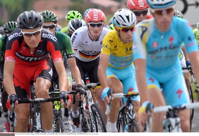 Race leader Vincenzo Nibali (Astana) sits safely in the bunch