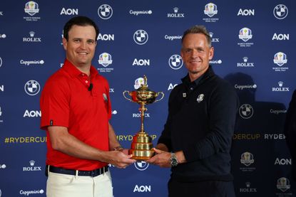 Ryder Cup live stream: Captains Zach Johnson of The United States and Luke Donald of Europe pose with the Ryder Cup trophy GettyImages 1430361031