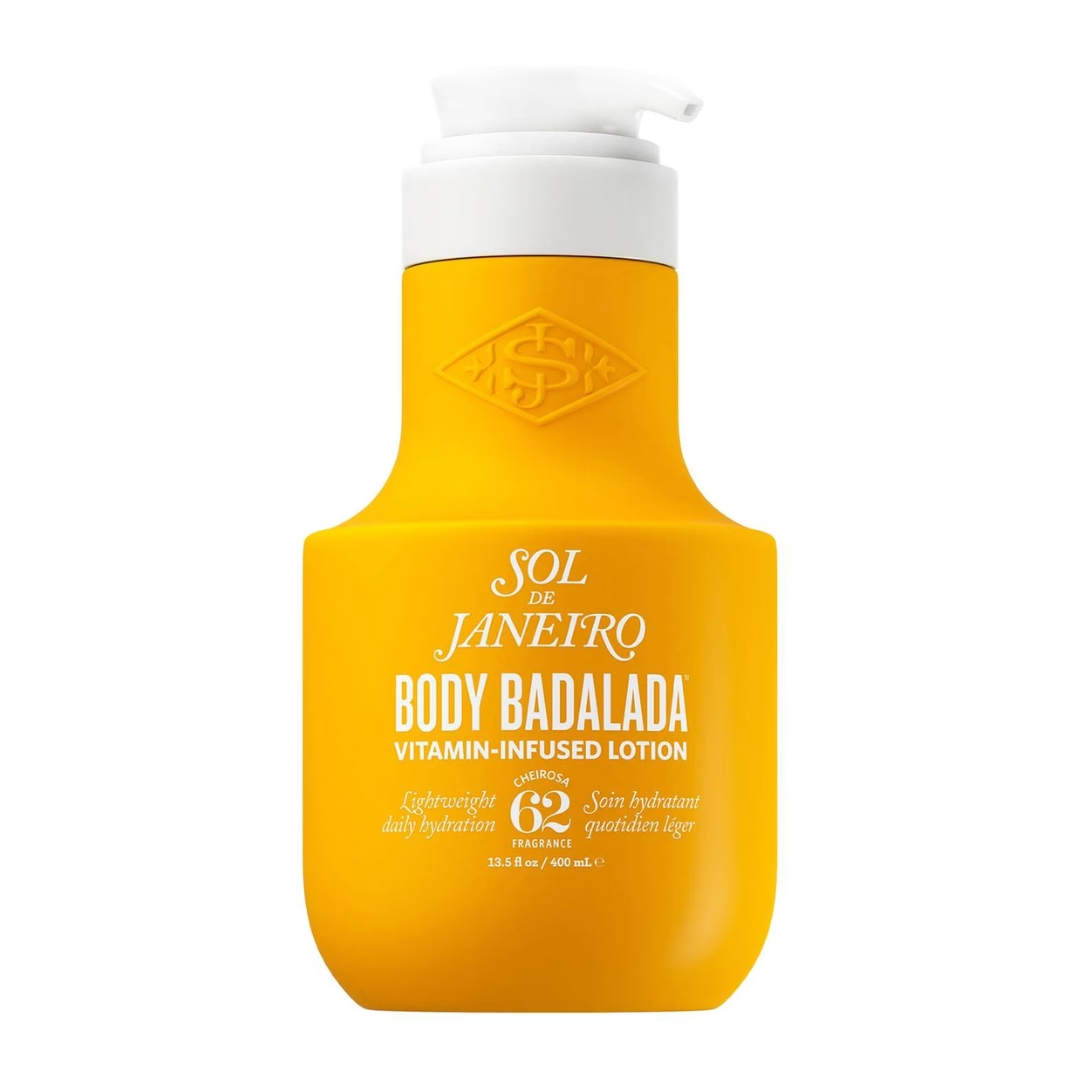 Sol De Janeiro Badalada Body Lotion in orange bottle with white pump lid