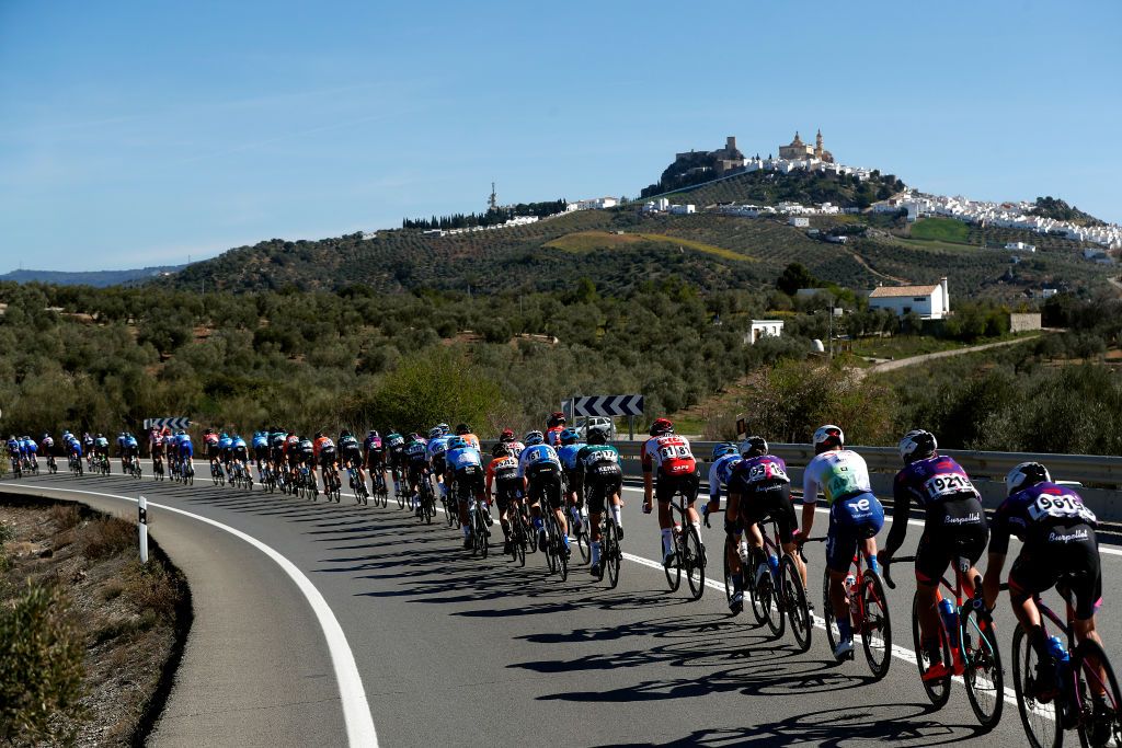 IZNAJAR SPAIN FEBRUARY 16 A general view of and the peloton competes through a landscape during the 68th Vuelta A Andalucia Ruta Del Sol 2022 Stage 1 a 2007km at stage from Ubrique to Iznjar 514m 68RdS on February 16 2022 in Iznjar Spain Photo by Bas CzerwinskiGetty Images