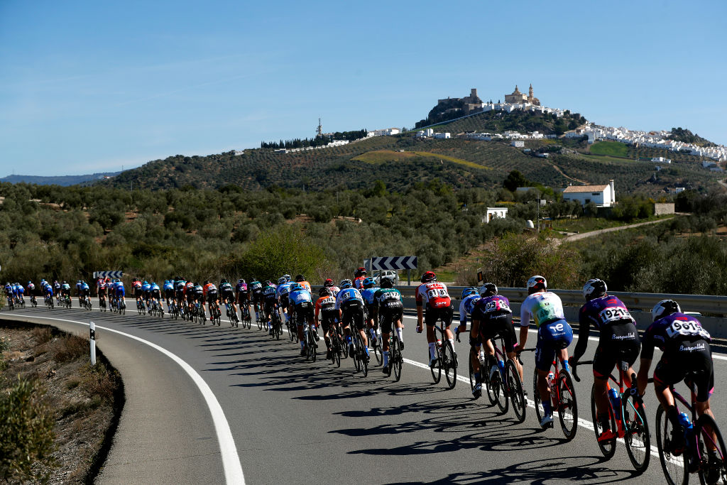 IZNAJAR SPAIN FEBRUARY 16 A general view of and the peloton competes through a landscape during the 68th Vuelta A Andalucia Ruta Del Sol 2022 Stage 1 a 2007km at stage from Ubrique to Iznjar 514m 68RdS on February 16 2022 in Iznjar Spain Photo by Bas CzerwinskiGetty Images
