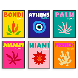 Set of 6 travel-themed colorful art prints