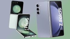 The Samsung Galaxy Z Flip 5 and the Samsung Galaxy Z Fold 5 on a green and blue background