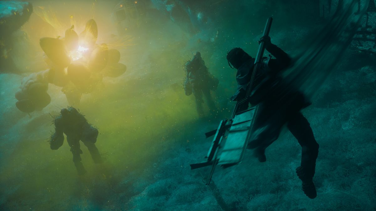 Dylan wielding a weapon towards a group of enemies standing in a misty field during the Control Resonant trailer.