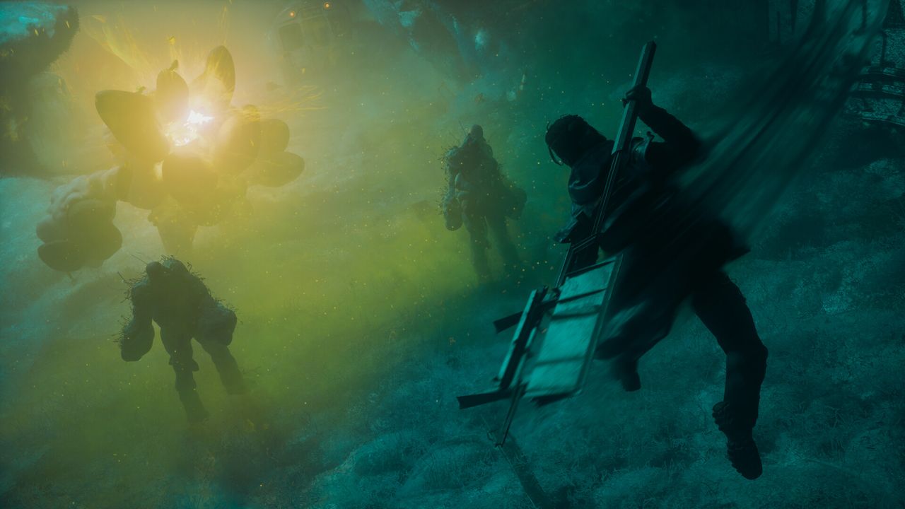 Dylan wielding a weapon towards a group of enemies standing in a misty field during the Control Resonant trailer.
