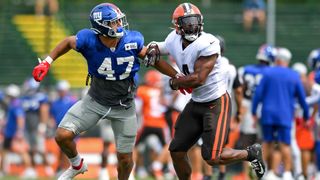 Giants vs Browns live stream — Anthony Walker #4 of the Cleveland Browns covers Nakie Griffin-Stewart #47 of the New York Giants during a joint practice