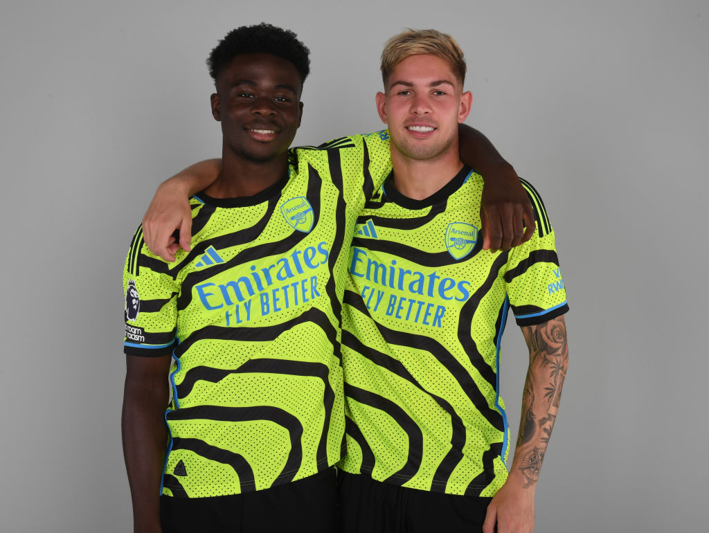 (L-R) Bukayo Saka and Emile Smith Rowe of Arsenal at London Colney on August 08, 2023 in St Albans, England.