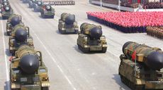 North Korean missiles are seen during a military parade. 