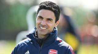 Arsenal manager Mikel Arteta takes a training session at the club&#039;s training ground on April 20, 2023 in London Colney, United Kingdom.