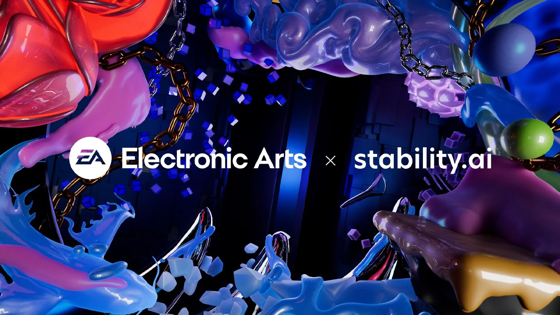 Logos for EA and Stability AI on a warped background