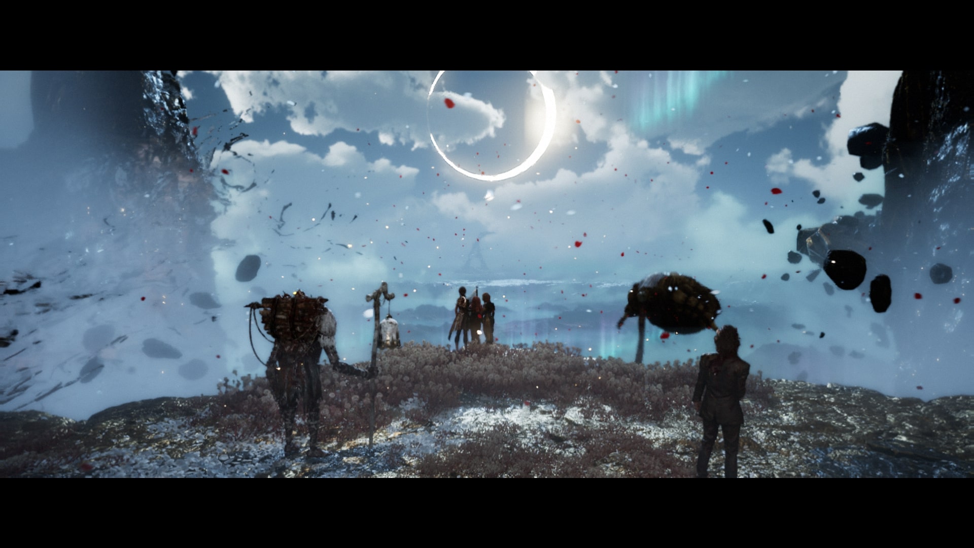 Clair Obscur: Expedition 33 screenshot of the Expedition at the monolith after defeating The Paintress, looking out at an eclipsed sun in the dark sky
