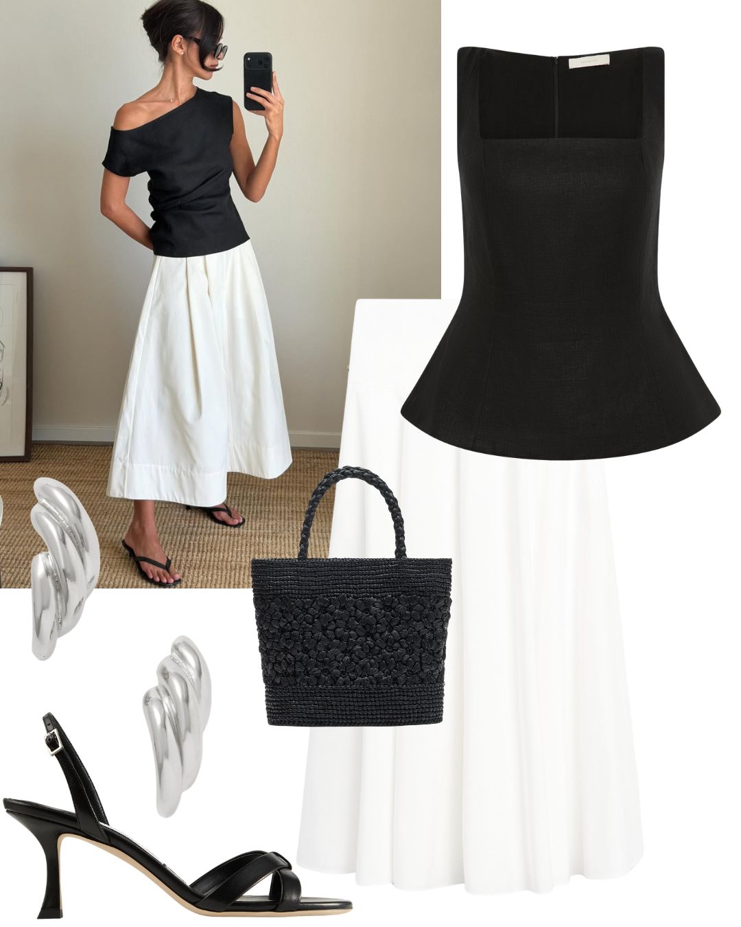 a photo of lison sebellin wearing a monochrome outfit surrounded by cut-outs of a black top, white skirt, silver earrings, leather sandals and a black raffia bag
