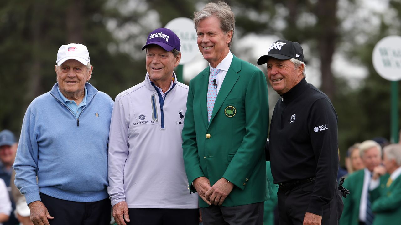 The Honorary Starters Tom Watson of The United States, Jack Nicklaus of The United States and Gary Player of South Africa pose with Fred Ridley, Chairman of Augusta National Golf Club