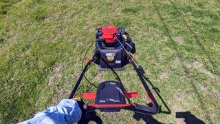 Troy-Bilt TB310B XP 21 in. 163 cc Briggs and Stratton Ready Start Engine 3-in-1 Gas RWD Self Propelled Lawn Mower being tested in writer's yard