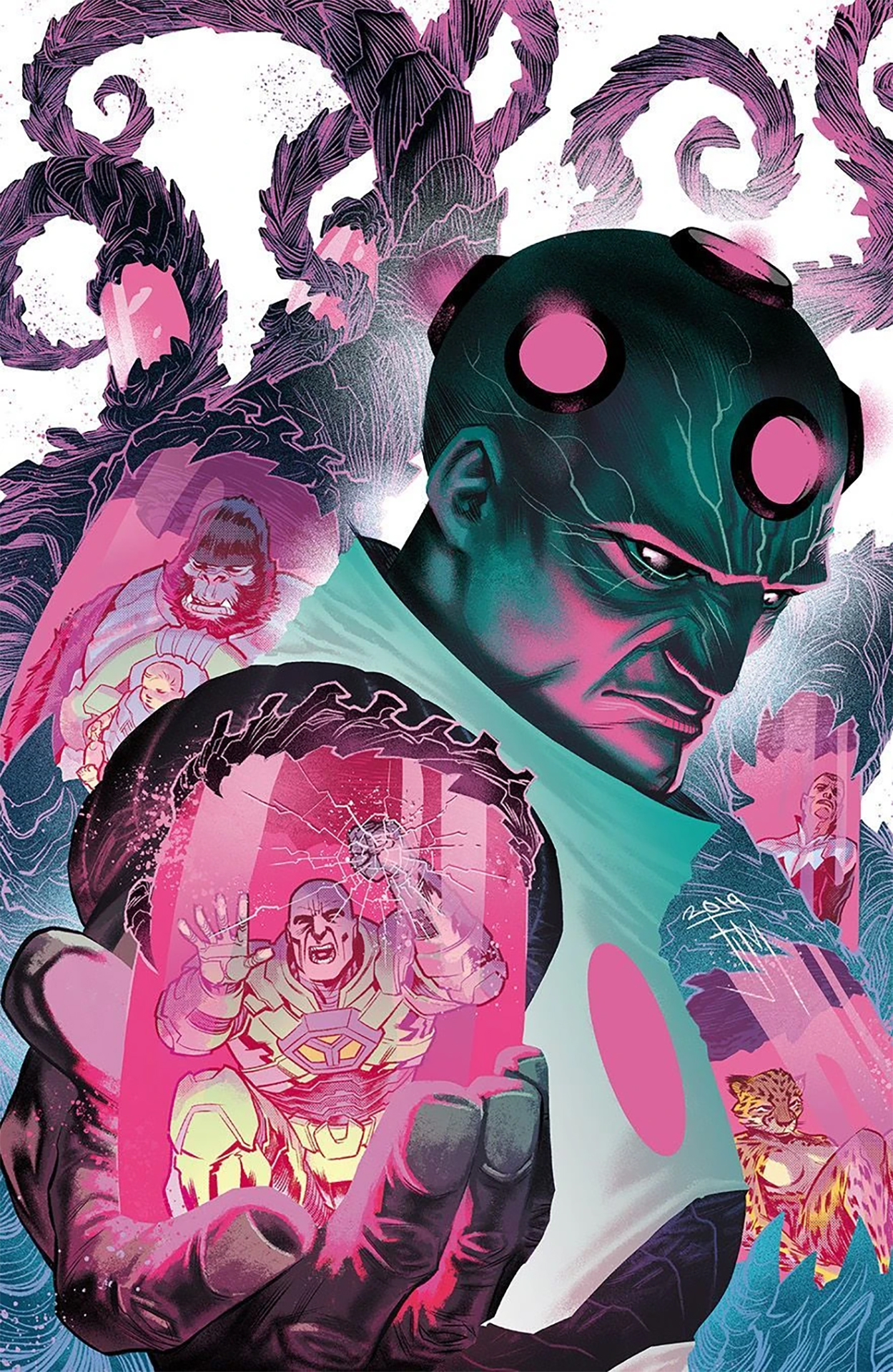 A menacing looking cosmic brainiac holds Lex Luthor in a jar