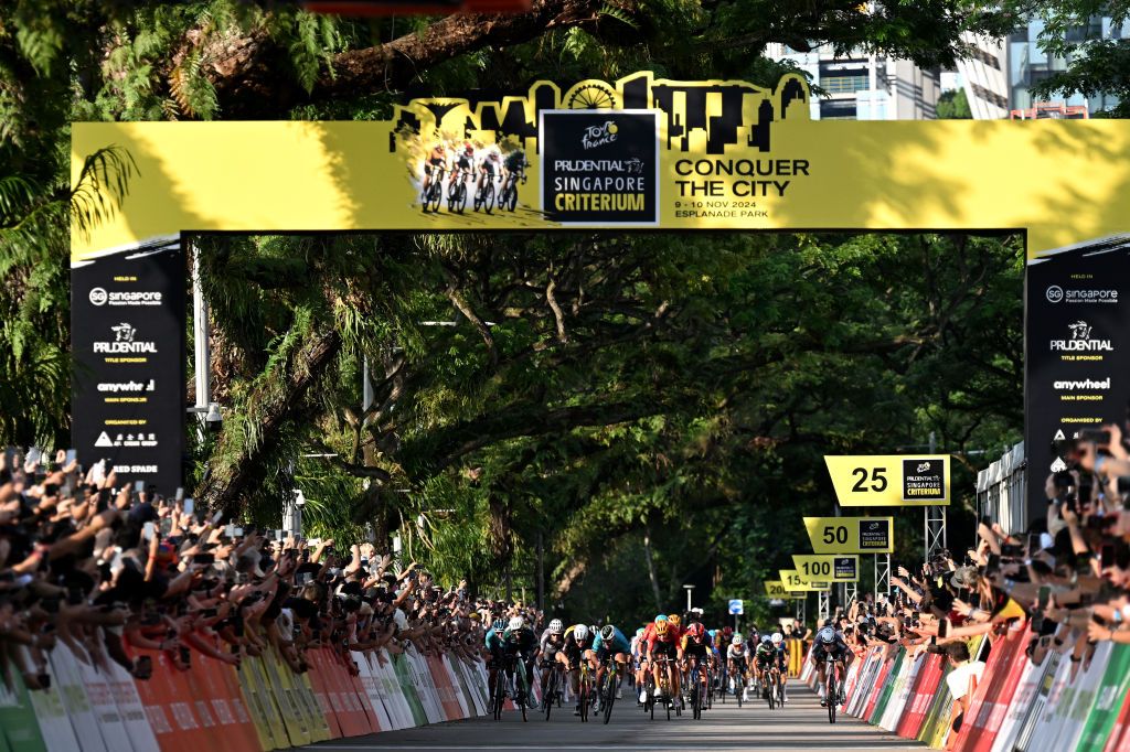 SINGAPORE SINGAPORE NOVEMBER 10 LR Biniam Girmay of Eritrea and Team IntermarcheCircusWanty Green Sprint Jersey Arnaud De Lie of Belgium and Team Lotto Dstny race winner Mark Cavendish of The United Kingdom and Astana Qazaqstan Team Tobias Johannessen of Norway and Team UnoX Mobility Edward Theuns of Belgium and Team Lidl Trek and Jasper Philipsen of Belgium and Team AlpecinDeceuninck sprint at finish line during the 3rd Tour de France Prudential Singapore 2024 Criterium a 575km one day race from Singapore to Singapore on November 10 2024 in Singapore Photo by Tim de WaeleGetty Images