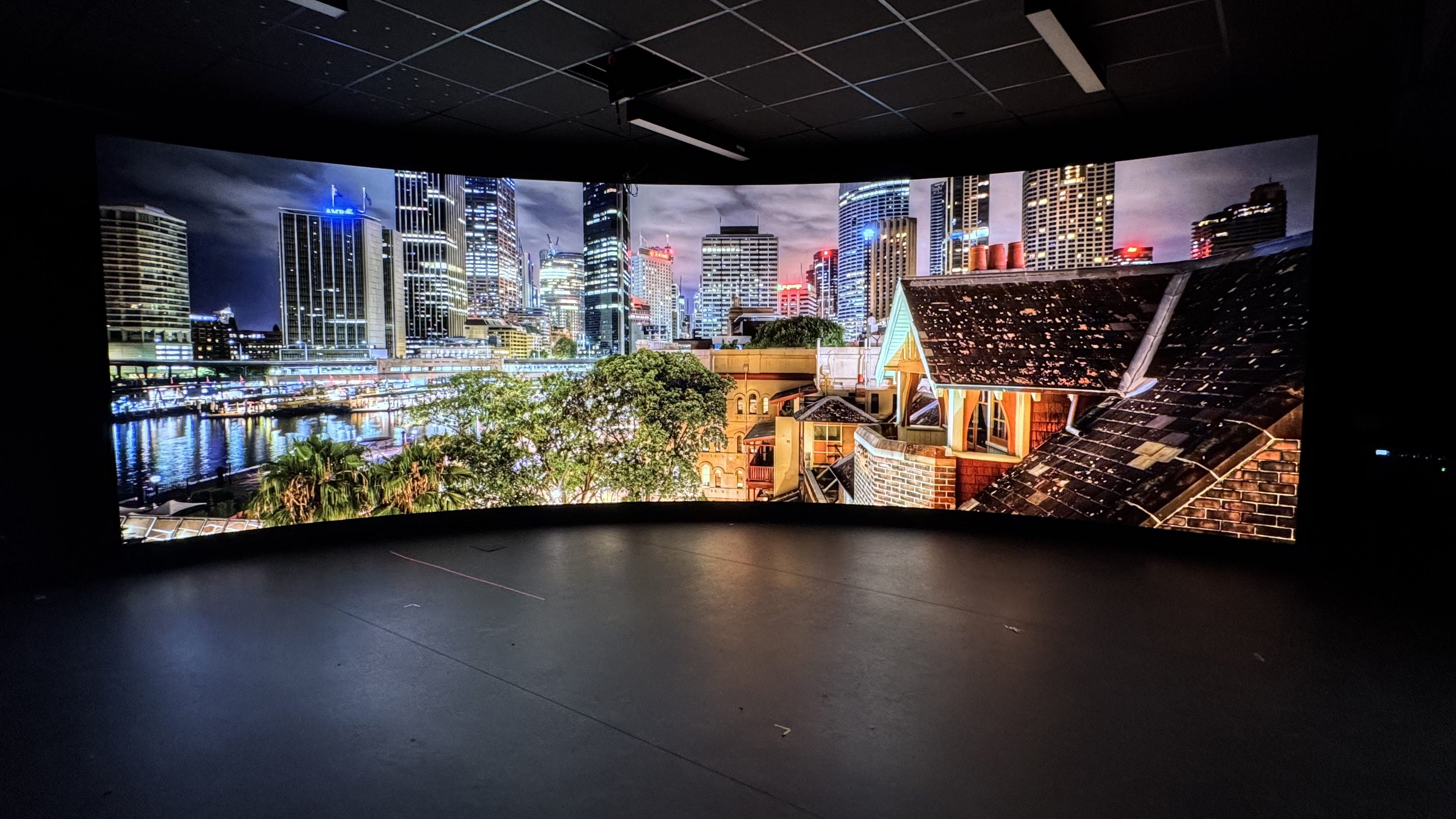 The new virtual production studio at Detroit Country Day School with a massive video wall displaying a cityscape. 
