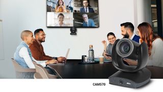 People sit on a videoconference call in a meeting room using AVer PTZ cameras. 