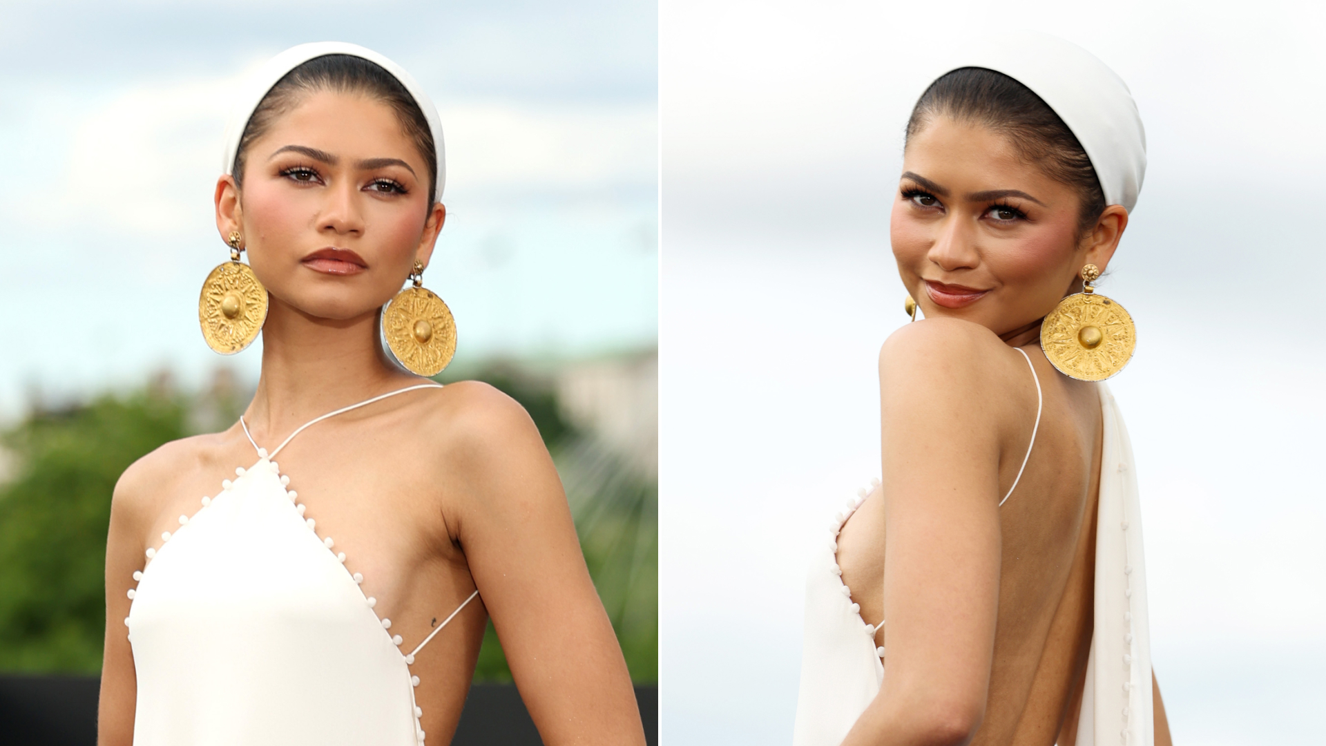 Zendaya wears a white Jacquemus Grecian-style gown, with a white headscarf and large gold coin earrings and white heels