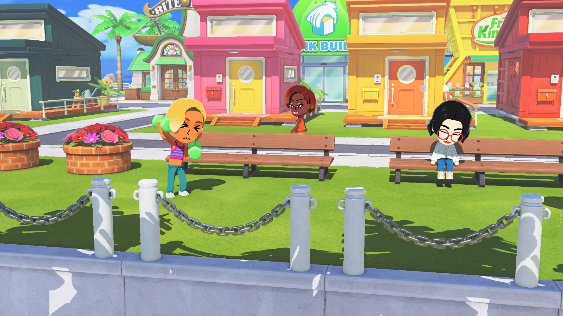 A pleasant scene in Tomodachi Life: Living the Dream. One Mii is lifting weights outdoors, while another snoozes on a bench.