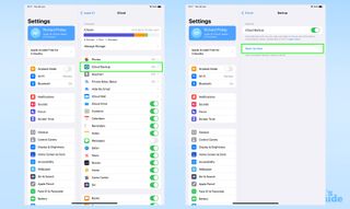 Two screenshots from the iPadOS settings menu, showing where to find the iCloud Backup settings